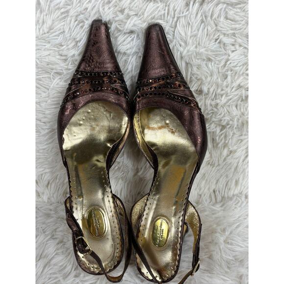 Bruno Giordano Snake Embossed Slingback Heels Shoes Sz EU 40 Bronze Pointed Toe - Picture 1 of 6